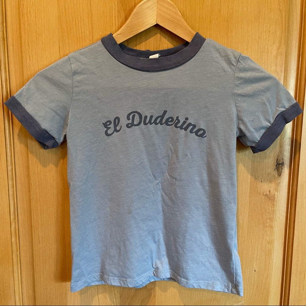 The Wishing Elephant Size Small Tee “El Duderino” Blue Raglan